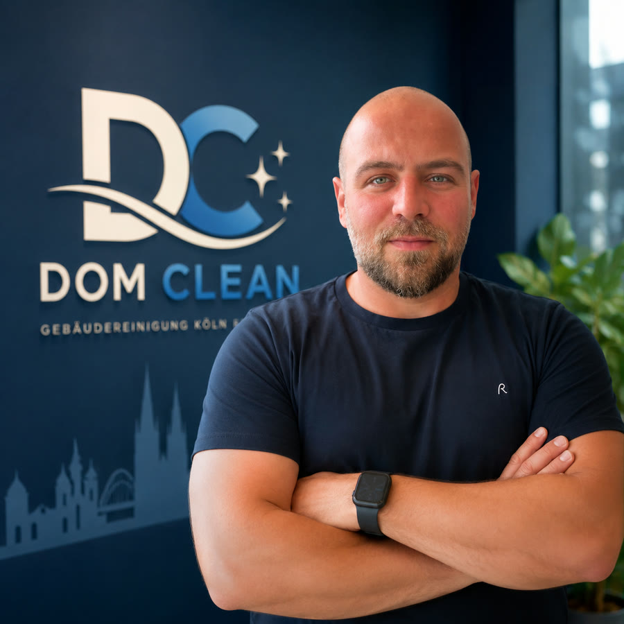 Oguzhan Tüfekci, Gründer von DomClean, vor der DomClean-Logowand